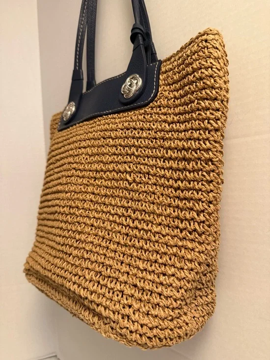 Brighton Lena Straw Tote Blue Leather Trim | Interlok Knot Charm Coastal Chic - Picture 3 of 10